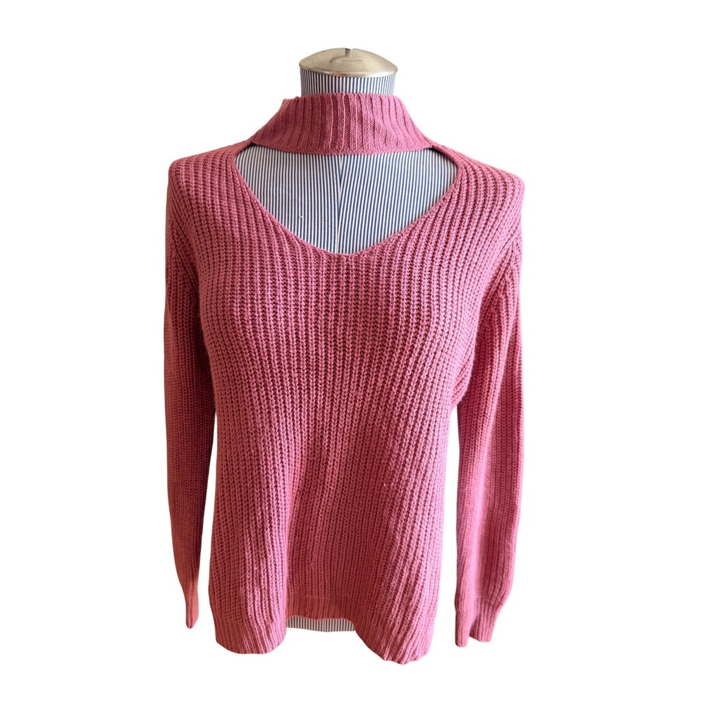 Planet Gold Pink Knit Mock Neck Cutout V Neck Long Sleeve Sweater Women's L